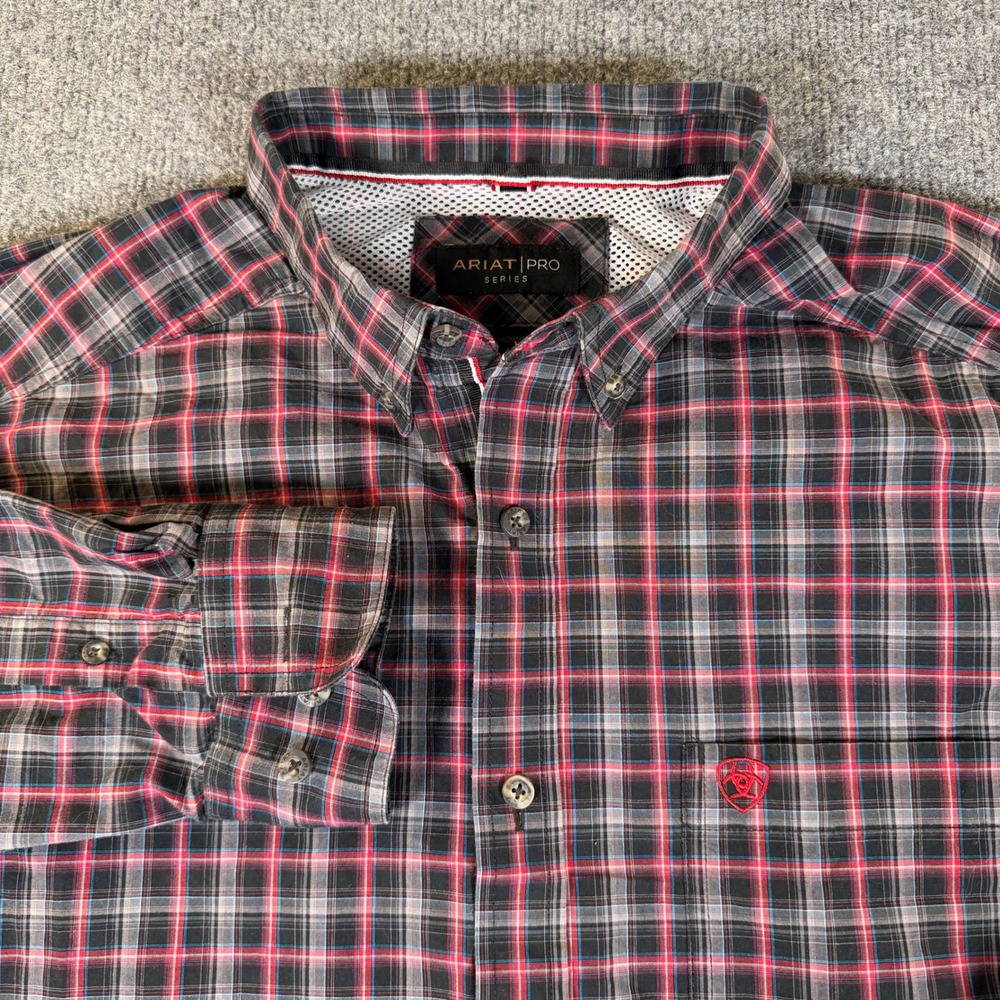 Ariat Pro Series Jax Mens Large Red Plaid Long Sleeve Button Down Shirt #4024